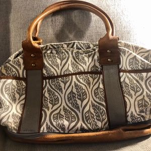 Pottery Barn grey and white diaper bag, leather bottom, slightly used